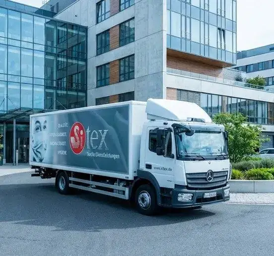 Sitex Logistik-Lkw vor einem Klinikgebäude