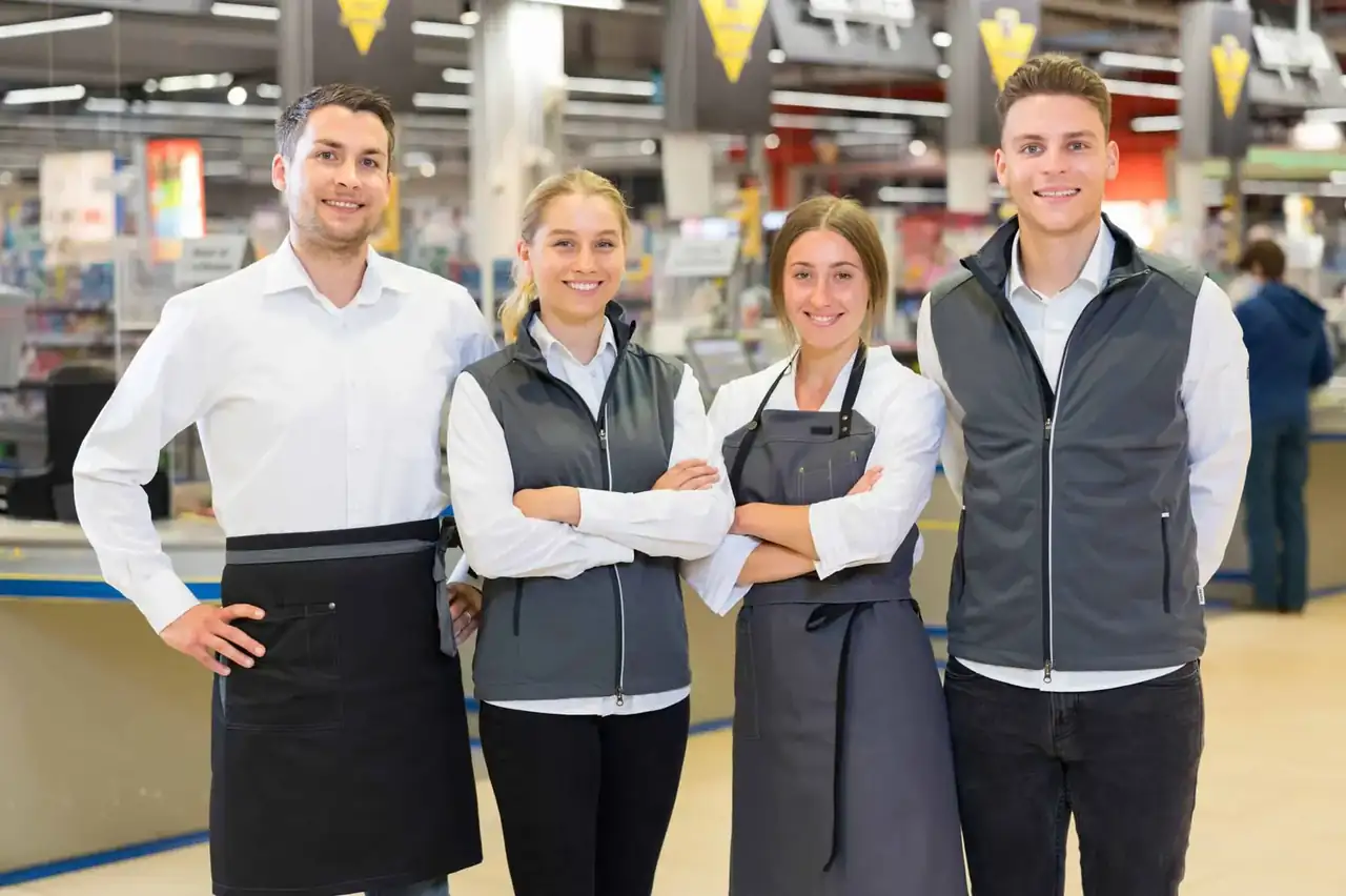 Team im Markt an der Kasse in einheitlicher Workwear